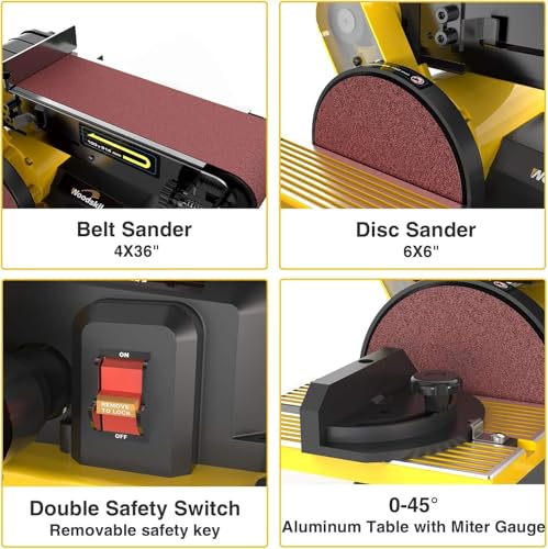 Image of Woodskil 4.3A Belt Sander, 4 x 36 in. Belt & 6 in. Disc Sander, Double Dust Exhaust Port, Steel Base, 2Pcs Sandpapers Included