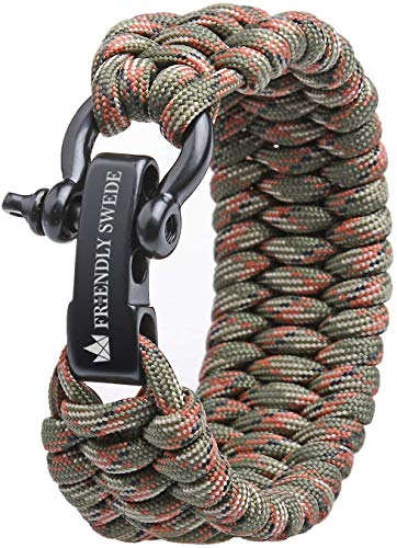 The Friendly Swede Trilobite Extra Beefy/Wide 500 lb Paracord Survival Bracelet With Stainless Steel Black Bow Shackle - Adjustable Size (Army Green Camo S (6-7
