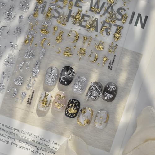 Image of Vintage Nail Stickers Moon Rose Bow Self Adhesive Nail Art Decal Decoration | Metallic Golden Retro Design Rabbit & Swan Nail Stickers 5D Embossed Decals for Women Luxury Style Nail Art Charms Supply
