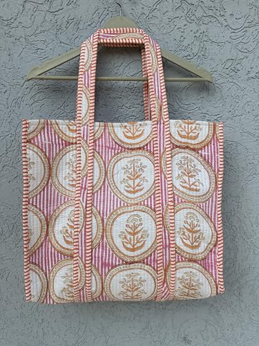 Image of Quilted Cotton Handprinted Reversible Large multicolor Floral Tote Bag,Hand Block Print Shopping Shoulder Carry Bag