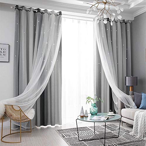 Rideaux Étoiles Occultants Double Couche Étoile Rideaux avec Voilages Nets Rideaux Occultants Thermiques Isolants pour Enfants Filles Chambre Salon, 2 Panneaux (Gris, L 130 x H 215 cm)