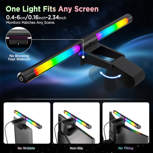 Image of Quntis Monitor Light Bar IM 40 cm (15.7 inch) Black | Touch & RGB Backlight, Fits 17 inch-27 inch (43-69cm) Flat Monitors up to 2.36 inch Thick. Ra95 3000-6500K 900lux Anti-Blue, Aluminum /ABS