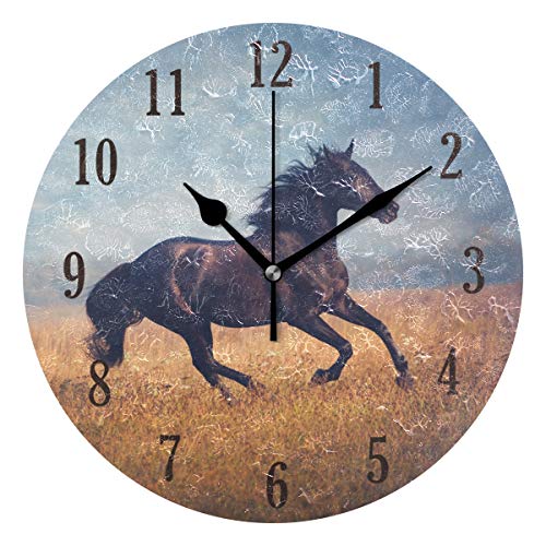 Mnsruu Horloge murale ronde silencieuse avec cheval noir, fonctionne à piles, facile à lire pour salon, chambre à coucher