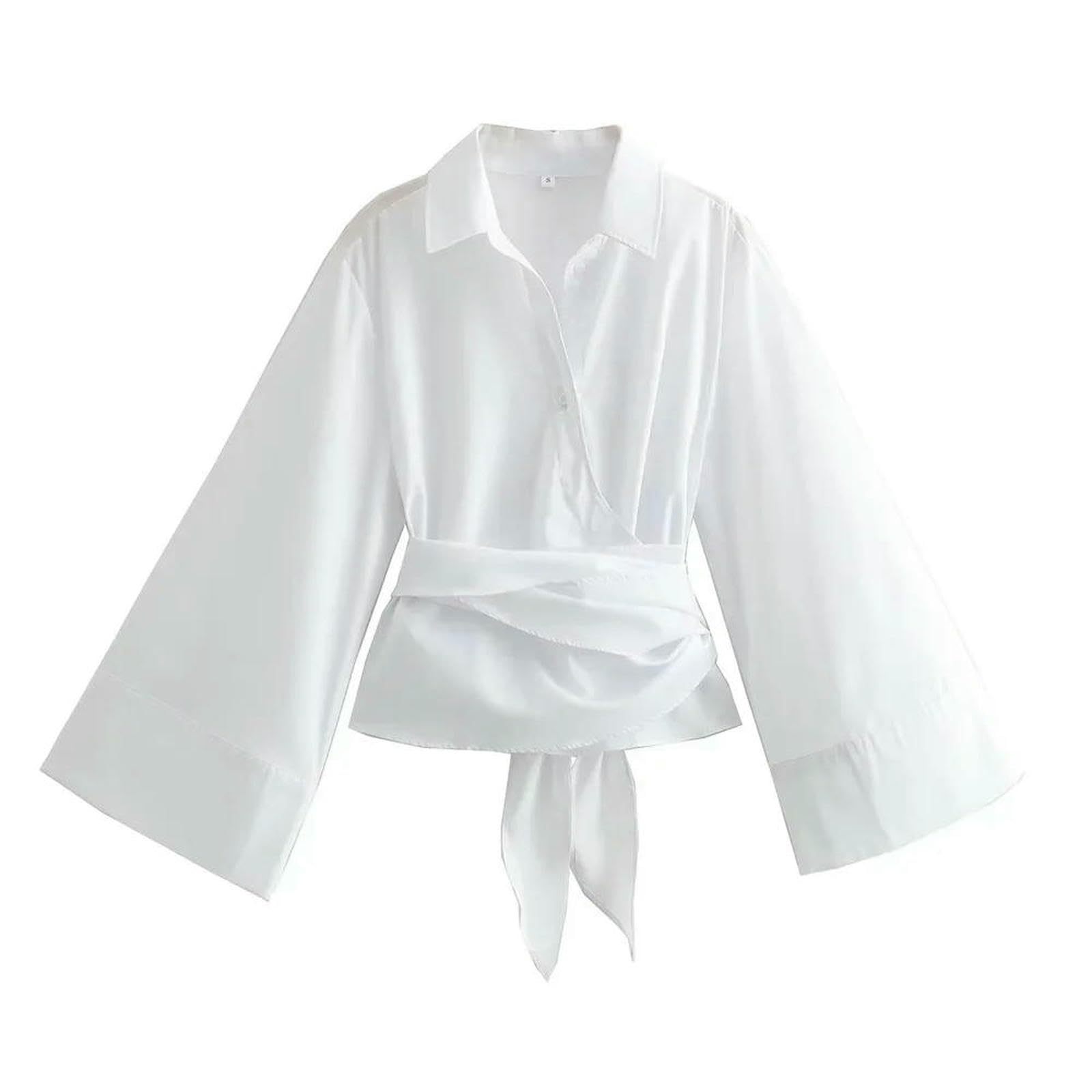 Camicia Donna in Popeline Doppiopetto A Doppio Petto, Edizione Corta, Casual, alla Moda, con Collo E Fiocco-Bianco-m