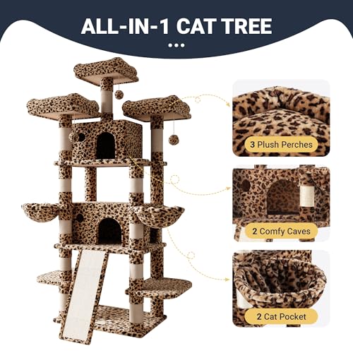 Image of Allewie 82 Inches Large Cat Tree /House /XXL Tall Cat Towers for Big Feline /Scratching Post /Multi-Level Large Kitty Climbing Tree with Condo /Leopard Print