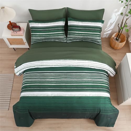 KAKIJUMN 7 Piece Bed in a Bag Stripe Comforter Set Queen Size, White Grey Green Patchwork Striped Comforter and Sheet Set, All Season Soft Microfiber Complete Bedding Sets(Dark Green,Queen) - Image 4