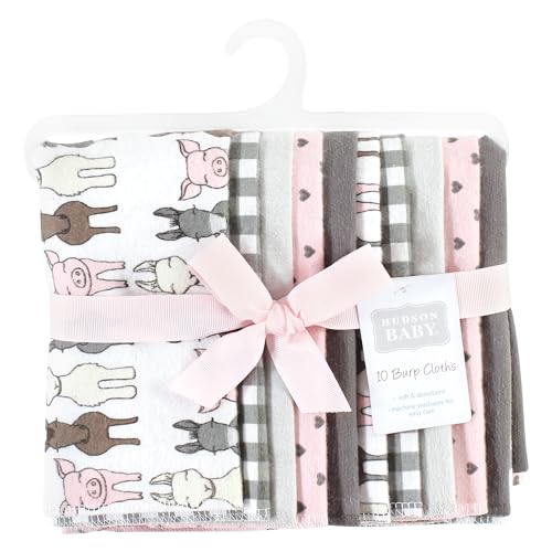 Image of Hudson Baby Unisex Baby Cotton Poly Flannel Burp Cloths, Farm Friends Pink 10-Pack, One Size