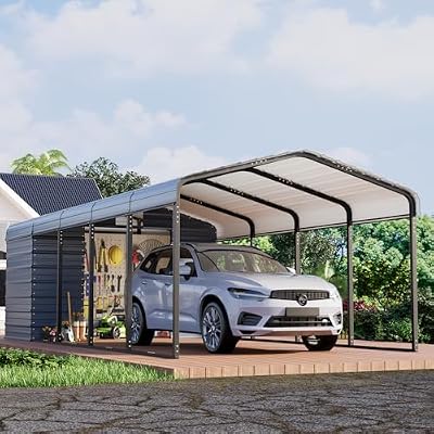 EROMMY 12x25 FT Metal Carport with Side Storage, Heavy Duty Enclosed Carport with Lockable Storage Room, Galvanized Steel Vehicle Shelter for Car, Truck & Tools