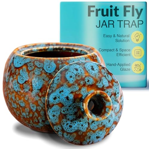 Elevated Lifestyle Fruit Fly Jar Trap - Decorative and Effective Ceramic Fruit Fly Catcher, Kid and Pet Friendly Fly Trap Indoor, Ideal for Kitchens, Restaurants, and Homes - (Marbled Turquoise)