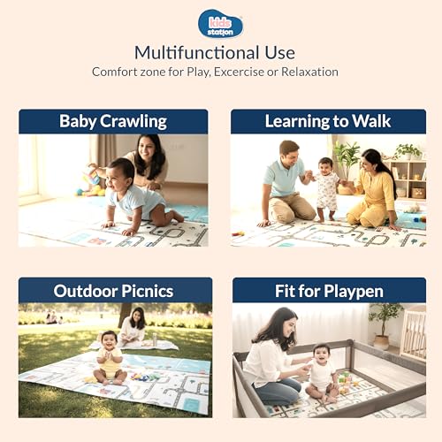 Image of Kids Station Double-Sided Waterproof Baby Playmat - Foldable, Portable & Reversible Foam Mat for Infants, Toddlers & Kids - Soft, Non-Slip, Easy-to-Clean Baby Crawling Mat for Indoor /Outdoor Use (200x150x1.0cm, City & Rocket Print Big)