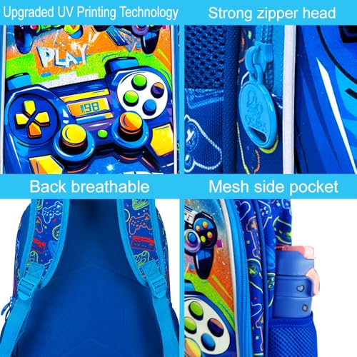 Image of Gamer Backpack for Boys, 16 inch Kids Bookbag with Lunch Box, 3Pcs Gaming School Backpacks for Elementary Preschool Kindergarten (Blue)