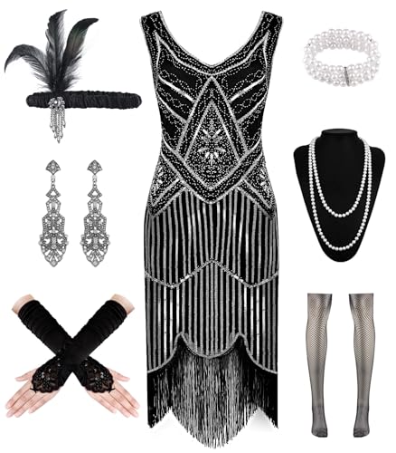 Robe garçonne années 1920 à col en V avec franges et accessoires des années folles