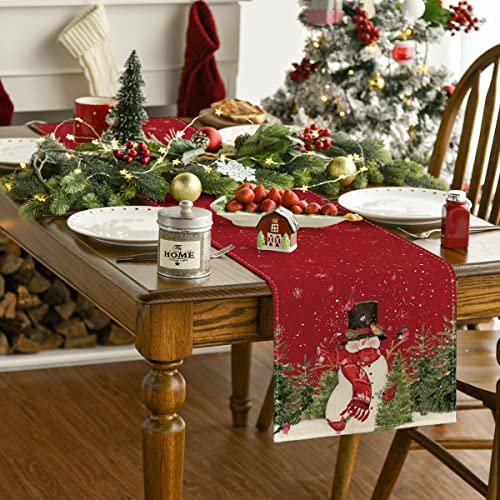 Artoid Mode Snowman Christmas Birds Trees Table Runner, Seasonal Winter Xmas Holiday Kitchen Dining Table Decoration For Indoor Outdoor Home Party Decor 13 X 72 Inch #TOP1
