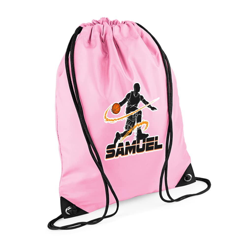 Personalised Basketball Player ANY NAME Sports Lover Gift for Men, Boy, Friend, Birthday present Drawstring Bag, PE Gym Kit Swimming, Sport Rucksack. (Classic Pink) — image 1
