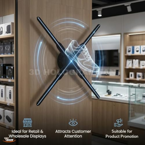 Image of TONZO 50 cm 3D Hologram Fan Display, 4 Blade LED Holographic Advertising Fan, 2200x298 Resolution, Wi-Fi App Upload via Mobile & Laptop, Bluetooth Speaker, Display for Shop, Mall & Retail Advertising
