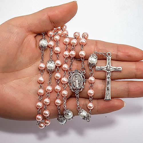 Nazareth Store Pearl Beads Rosary Necklace White Our Father Beaded Rosary Lourdes Medal & Cross Crucifix Spiritual Handmade Rosaries for Men and Women - Image 4