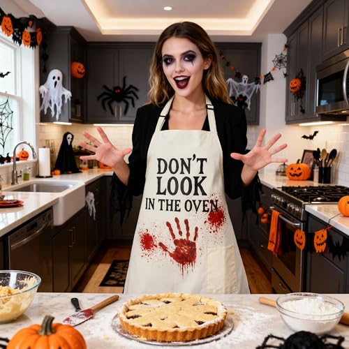 Image of Halloween Apron for Women Easy Halloween Costumes for Women and Men | Funny Scary Kitchen Gifts for Chef, Horror Bloody Adult Apron Costume for Couples with Pocket, One Size Fits Most, Off White