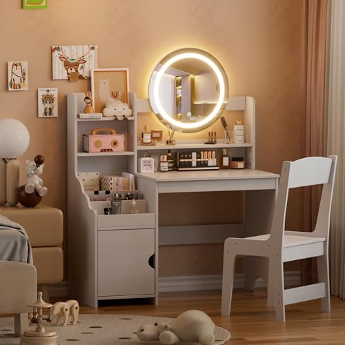 Tocador Niña Tocadors de Maquillaje con Luz y Taburete 2 en 1 Anti-dumping Tocador Infantil de Madera con Espejo y Estanterías Vanity de Maquillaje Para Niños Moderno estilo Princesa 5 años+ (Blanco)