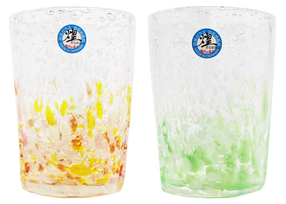 気泡が沸き立つ！女性作家の手吹きガラス タンブラー 2個セット Amazon｜煌工房 八角グラス (赤/黄/ピンク、緑) φ7.5cm 気泡の海 2個入