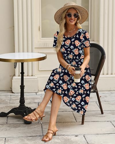 Image of COSSEN Women's 2026 Summer Midi Dress Crew Neck Short Sleeve Casual Tshirt Flowy Loose Sundress with Pockets