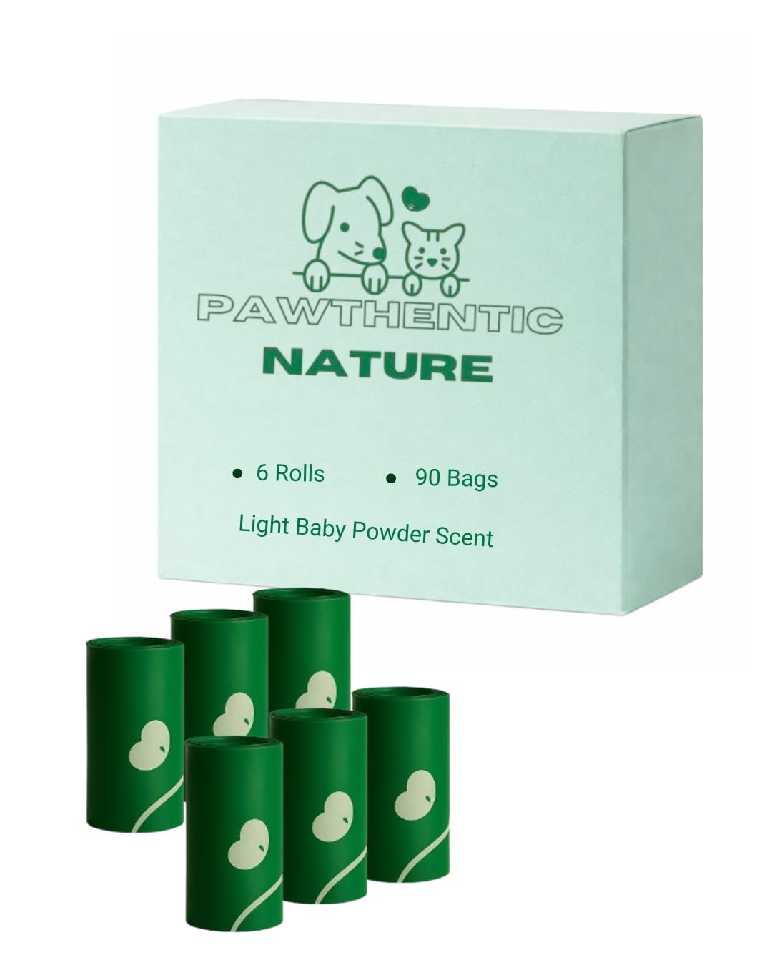 6 ROLLS Dog Poop Bags – 90 bags, Value Pack, Extra-Thick 18 Micron, Leak-Resistant, Strong &amp; Durable for Dogs &amp; Cats, Light Baby Powder Scent – PAWTHENTIC NATURE