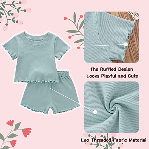 Image of Toddler Girl Clothes Summer Outfit Short Sleeve Shorts Set 12M-5T | Soft ribbed knit toddler girl outfit with breathable fabric, ruffle top, comfy shorts and stretchy fit for summer daily wear.
