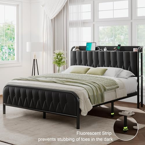 Image of Queen Bed Frame with Fast Charging Station, Leather Queen Size Metal Platform Beds with Upholstered Headboard & Footboard,12 inch Underbed Storage Space,Easy Assembly,Noise-Free,Black