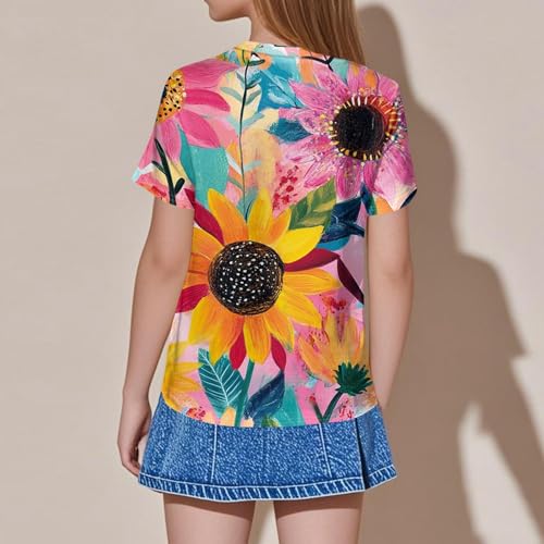 Girls' Floral Print Short Sleeve T-Shirt Pleated Soft Comfortable Summer Tops for Kids, Ages 2-13 Years2