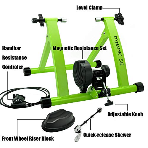 DYNAMIC SE Indoor Bike Trainer Indoor Eexercise Bicycle Magnetic Trainer Stand 6 Levels Magnetic Resistances with Quick Release Skewer(Green)