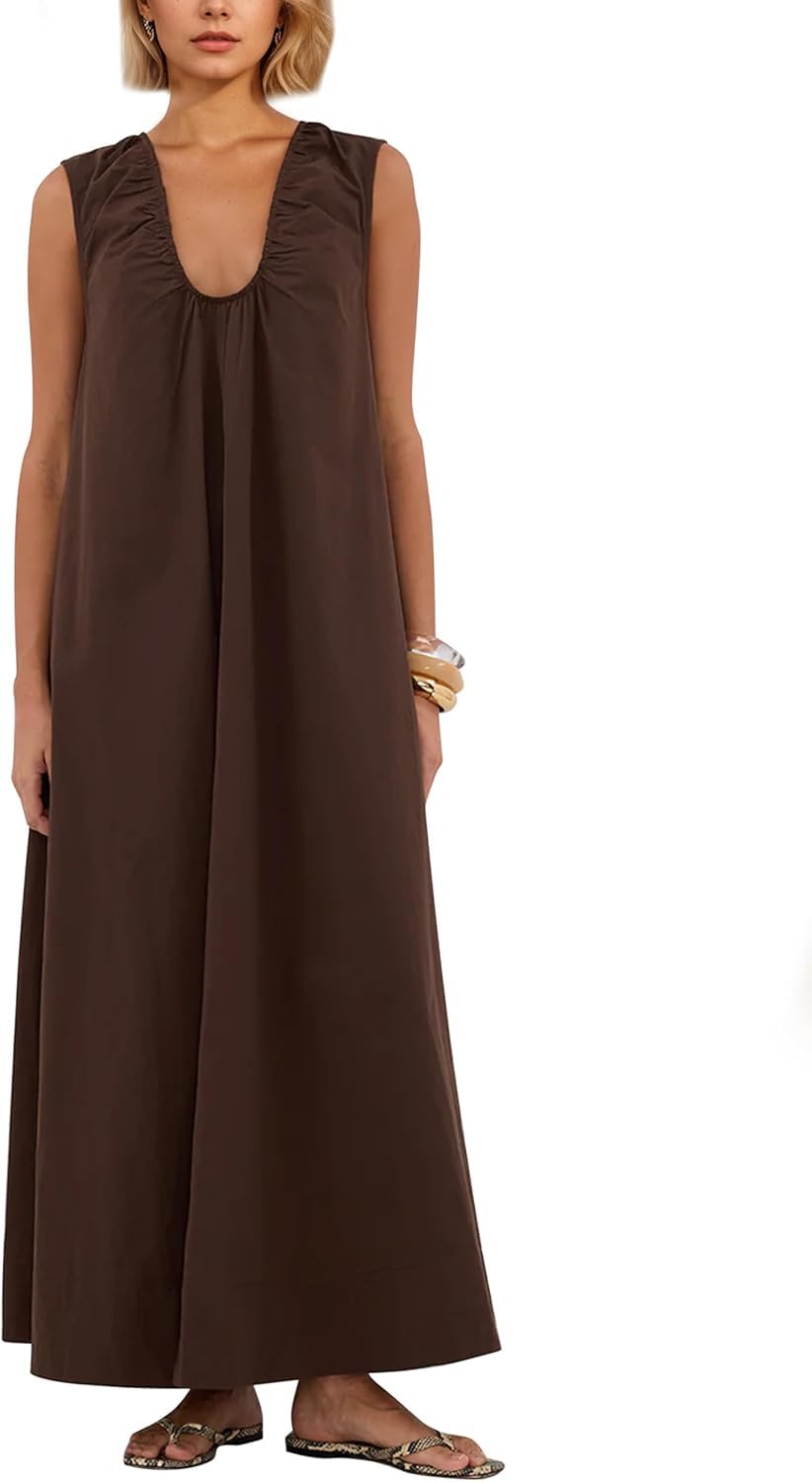 Llecdaseui Women's Brown Scoop Neck Ruched Maxi Dress Flowy Swing Wide Straps Long Dress Casual Sleeveless Sundress With Side Pockets (,L)