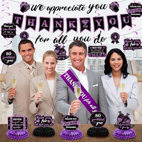 Image of Purple We Appreciate You Decorations Black Purple Thank You for All You Do Banner Honeycomb Centerpieces Hanging Swirls Employee Staff Appreciation Gift Pastor Teacher Doctor Graduation Party Decor