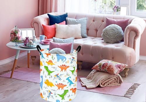 Image of Round Dinosaur Pattern Laundry Hamper Clothes Storage Basket Fabric Storage Hamper Organization Storage Bin, Nursery Box,Gift Basket with Handles