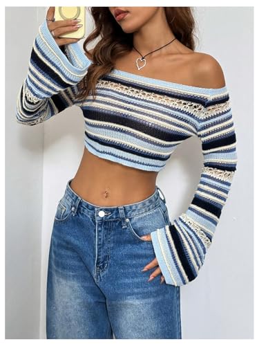 Image of GORGLITTER Women's Off The Shoulder Crochet Sweater Bell Long Sleeve Color Block Crop Knit Tops