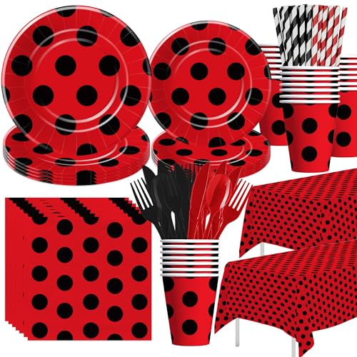 Ladybug Birthday Party Decorations Tableware - Ladybug Party Supplies, Plate, Cup, Napkin, Tablecloth, Cutlery, Straw, Lady Bug Theme 1st 2nd 3rd Birthday Baby Shower Decorations | Serve 24
