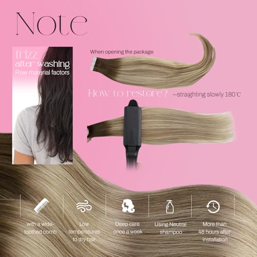 Image of Moresoo Tape in Hair Extensions Brown Blonde Ombre 24in 20Pcs 50g | Tape extensions human hair, extra-long Remy strands, beige blonde highlights, flat tabs, braids and photo shoot styling