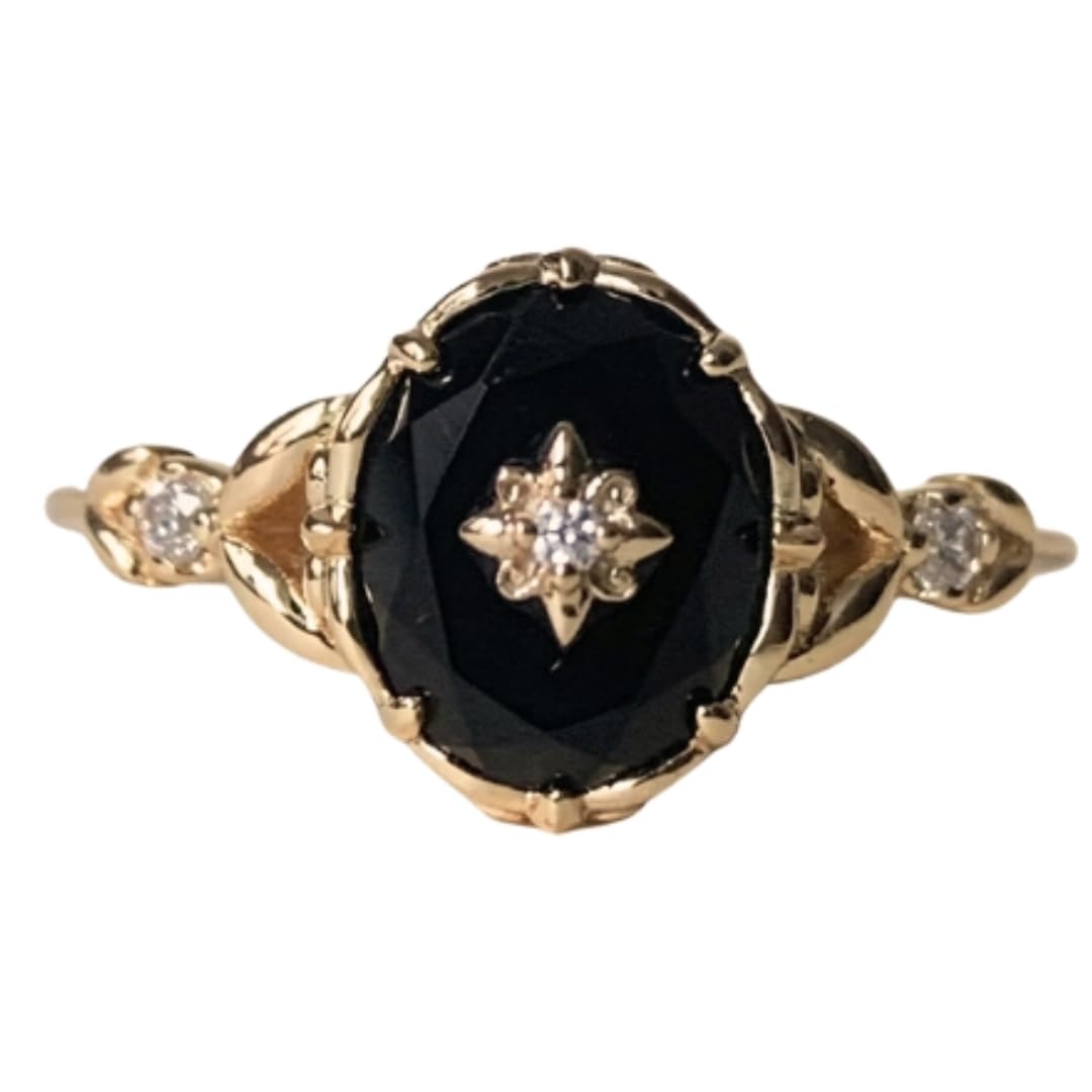 Vintage Art Deco ring for Women (Black Onyx - Gold Plated 925 Sterling Silver, 7)