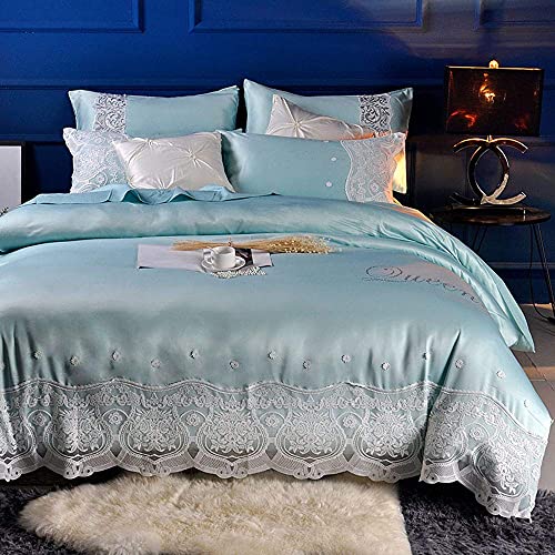 Matelassé, Couleur Unie Double Literie Coton Léger Ensemble 4 Pièces Draps en Dentelle Taie d'oreiller Fermeture Éclair Design Hôtel Couvre-Lit pour La Cuisine À La Maison-Pink-B (Aquablue A) Cover