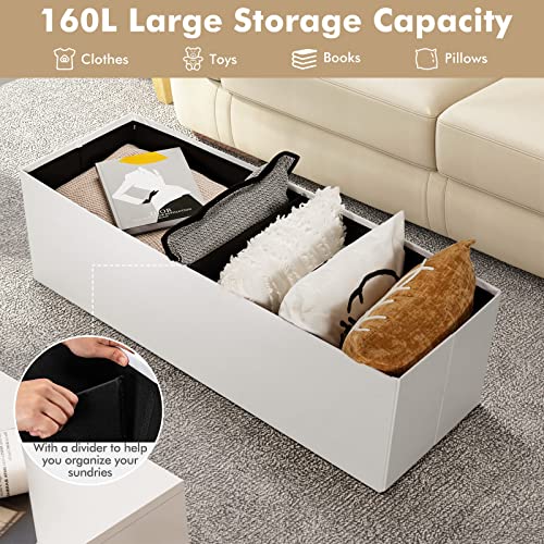Giantex 45" Folding Storage Ottoman Bench, Storage Chest To Support 660Lbs, 165L Storage Trunk Footrest Padded Seat Coffee Table For Bedroom Hallway, Faux Leather, White #TOP3