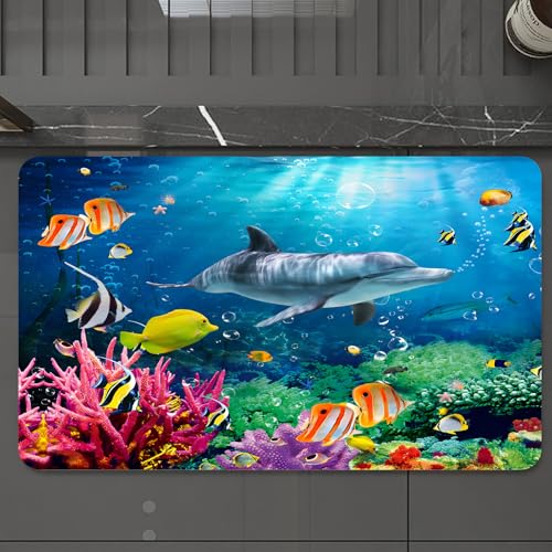 EMCLKS Tappeto Bagno 60x90 cm,Delfino Corallo Pesci colorati sotto il mare,Tappetino Assorbente e Antiscivolo in Microfibra per Bagno,Cucina,Camera da Letto,Corridoio