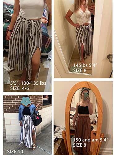 Simplee Women S Elegant Striped Split High Waisted Belted Flowy Wide Leg Pants White Stripe 1/7 Medium 8 #TOP4