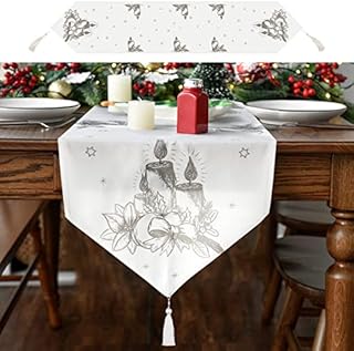 Table Runners, 180 x 35cm Grey White Fabric Christmas Table Runners Tablecloth with Candle Pattern, Long Xmas Dinner Table Cloth Christmas Runner for Christmas Dinning Tables Decorations