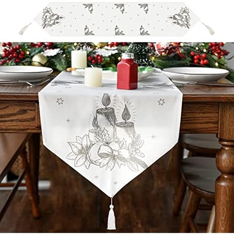 Table Runners, 180 x 35cm Grey White Fabric Christmas Table Runners Tablecloth with Candle Pattern, Long Xmas Dinner Table Cloth Christmas Runner for Christmas Dinning Tables Decorations Cover