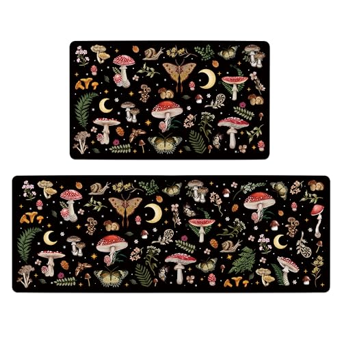 FNLNDO Mushroom Butterfly Kitchen Rugs Sets of 2 Mushroom Kitchen Decor Anti Fatigue Cushioned Floor Mats Non Skid Washable Comfort Standing Runner Mat for Home Sink (Black, 17.5