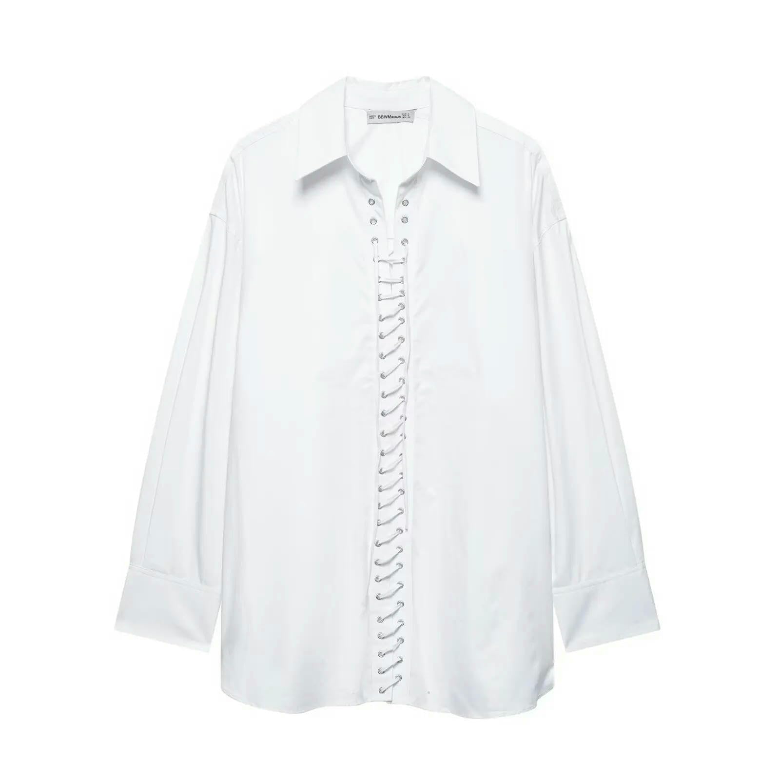 Camicia Donna con Colletto Versatile Ampio A 6 Colori Camicetta da Casual Chic Ampia Maniche Lunghe Rovesciato Lacci-Marrone-l