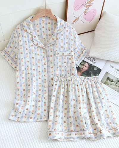 Womens Cute Pajama Set Short Sleeve Button Up Shirt and Shorts 2 Piece Cotton Pj Sets2