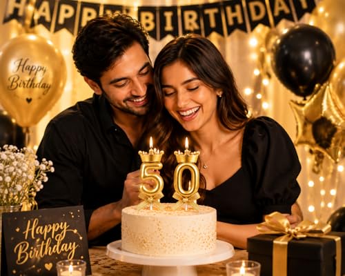 Image of Premium Gold Number 50 Candle Set with Crown Metallic Cake Topper for 50th Birthday Golden Jubilee Anniversary and Celebration Events, 2 PCs