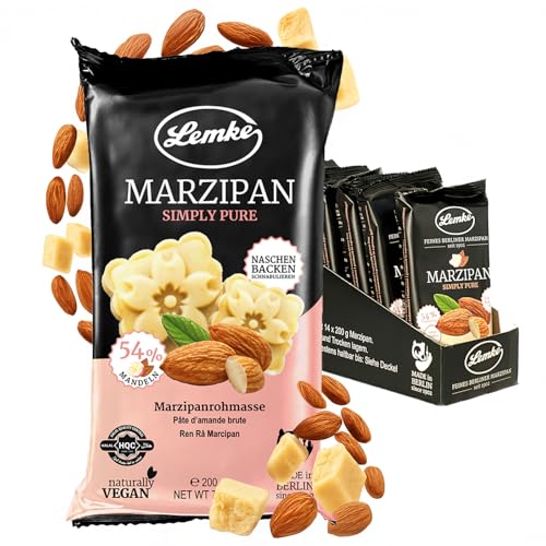 Lemke Marzipanrohmasse Simply Pure 14x200 g - Feines Berliner Rohmarzipan ohne Alkohol - 54% Mandelanteil - Marzipan Rohmasse zum Backen, für Pralinen & Desserts - Natürlich & purer Genuss