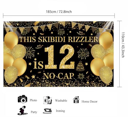 Image of Black Gold This Skibidi Rizzler is 12 No Cap Happy Birthday Backdrop Banner Photography Background Decorations for Boys Girls 12th Year Bday Party Accessories Supplies 72.8 * 43.3in
