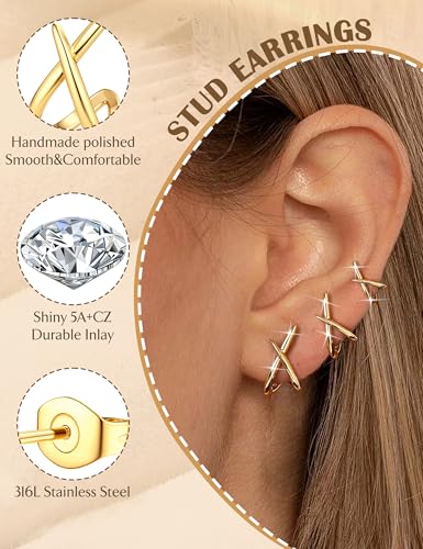 BESTEEL 3Pairs Gold Earrings for Women - Hypoallergenic 14K Gold Stud Earrings Small Hoops Trendy Simple Minimalist Cubic Zirconia Stud Hoop Earrings for Women Gifts2