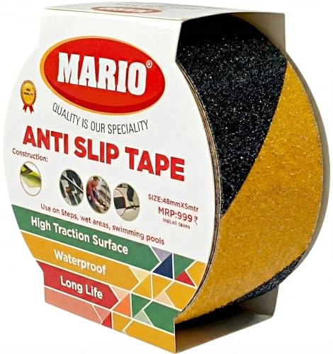 Image of Mario Anti-Skid Anti-Slip Tape Black & Yellow Zebra | 50mm (2 Inch) x 5M Safety Grip Tape for Stairs, Ramps & Flooring | High-Traction Non-Slip Adhesive Tape